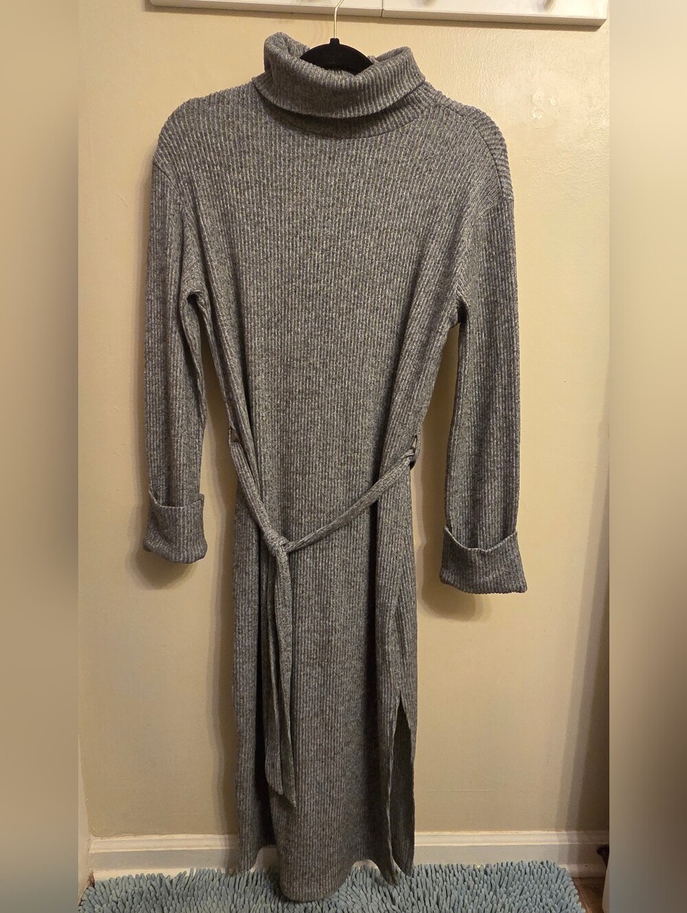 ​F&F Gray Cozy Ribbed Turtleneck Preppy Bodycon Knit Midi Sweater Dress Small